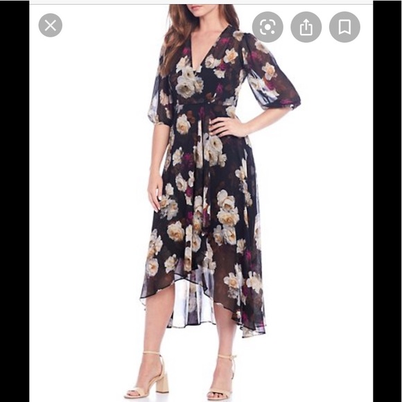 Calvin Klein Black Floral V Neck Ruffle Dress - Picture 2 of 9